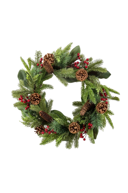 Künstlicher Tannenkranz - Jason auf transparentem Hintergrund mit echt wirkenden Kunstblättern in natürlicher Anordnung. Künstlicher Tannenkranz - Jason hat die Farbe Natur und ist 50 cm hoch. | aplanta Kunstpflanzen