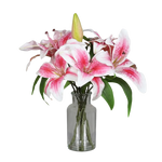 Künstlicher Lilienstrauß - Metin, 33 cm, Kunstblume von aplanta, in Glasvase mit künstl. Wasser, in Pink, für drinnen