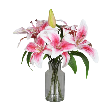 Künstlicher Lilienstrauß - Metin, 33 cm, Kunstblume von aplanta, in Glasvase mit künstl. Wasser, in Pink, für drinnen