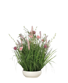 Hochwertiges Kunstgras auf transparentem Hintergrund mit echt wirkenden Kunstblättern in natürlicher Anordnung. Künstliche Wiesenblumen - Jade hat die Farbe Pink und ist 50 cm hoch. | aplanta Kunstpflanzen