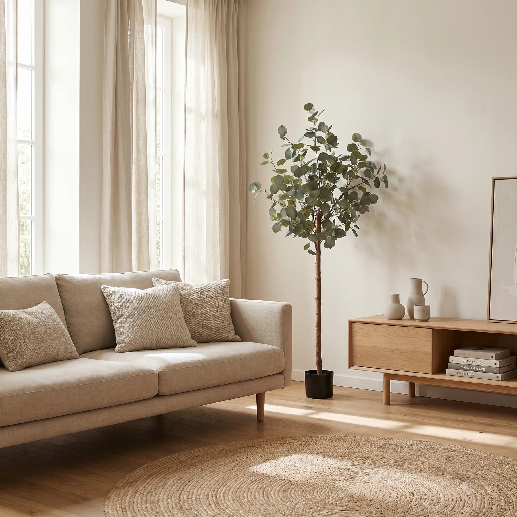 Künstlicher Eucalyptus Baum - Parla, 150 cm, Kunstbaum von aplanta, mit Echtholzstamm, in Grün, für drinnen
