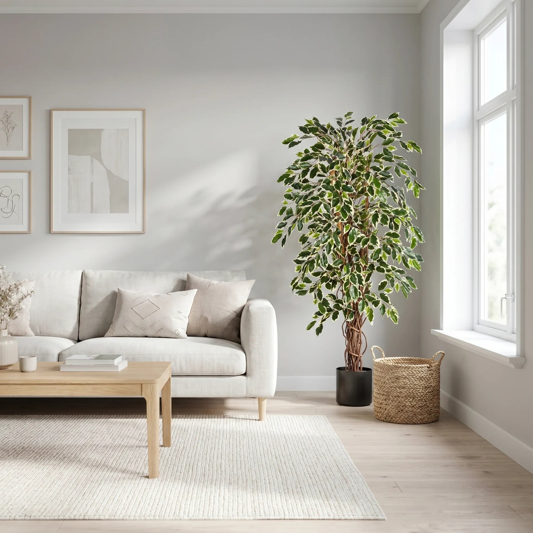 Künstlicher Ficus - Ravian, 150 cm, Kunstbaum von aplanta, mit Echtholzstamm, inkl. Startertopf, in Natur, für drinnen