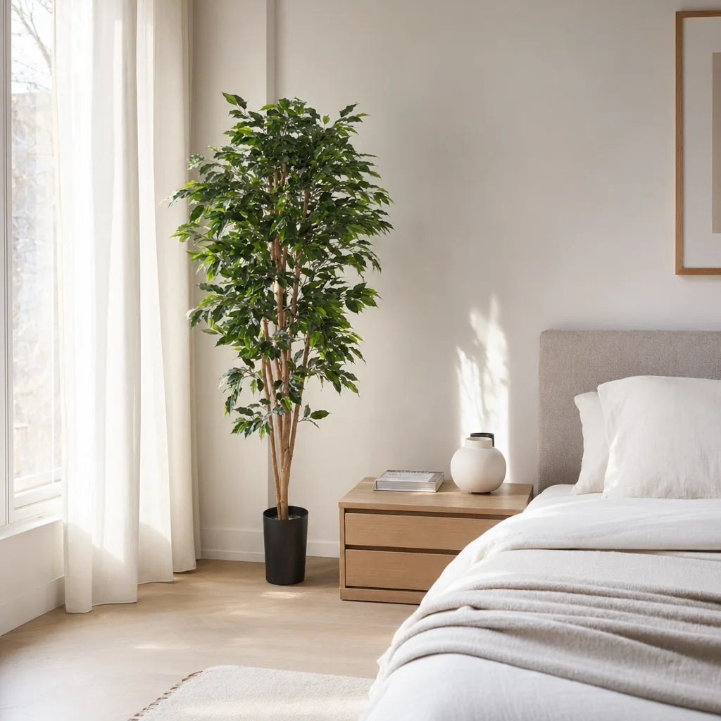 Künstlicher Ficusbaum - Sylvior, 150 cm, Kunstbaum von aplanta, mit Echtholzstamm, UV-beständig, inkl. Startertopf, in Grün