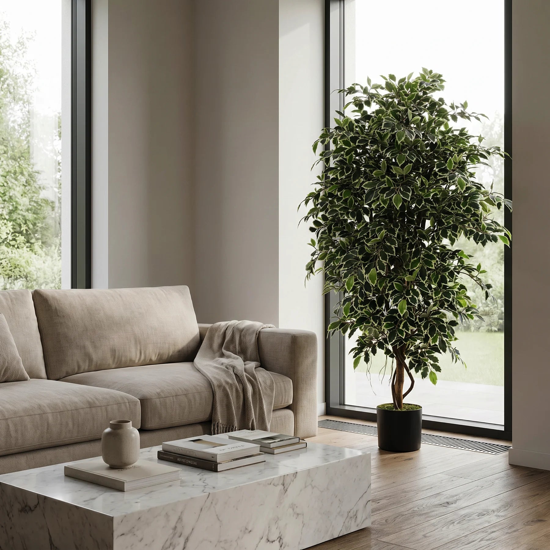 Künstlicher Ficus Retusa - Lysandros, 180 cm, Kunstbaum von aplanta, mit Echtholzstamm, inkl. Startertopf, in Natur
